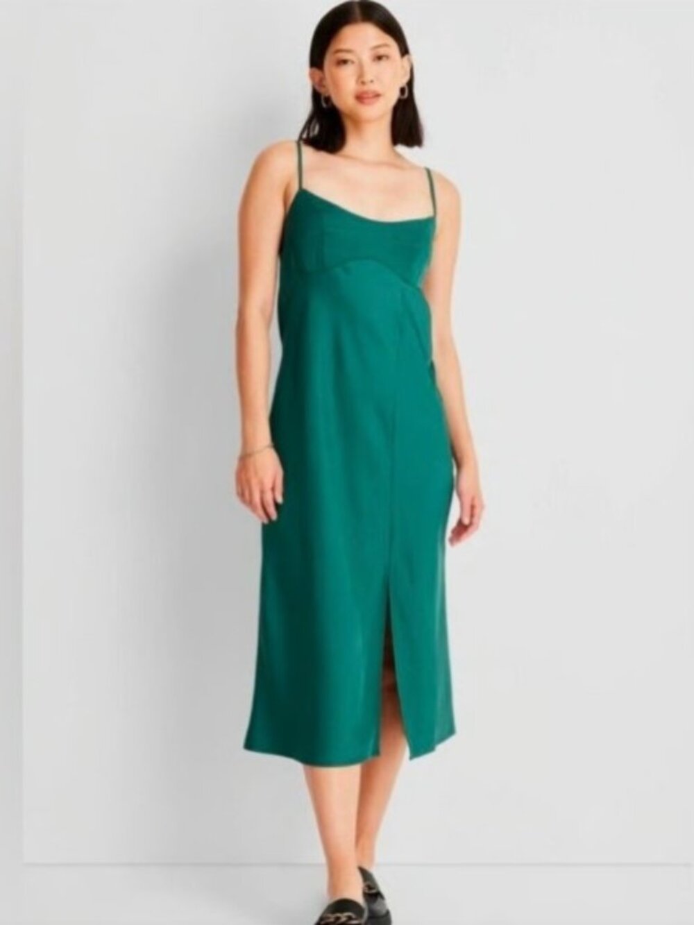 A New Day Emerald Green Satin Slip Midi Dress XL Adjustable Straps